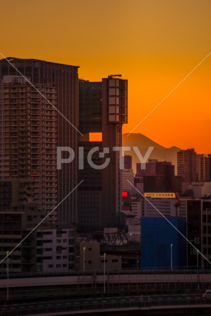 夕日に照らされる東京の町並み