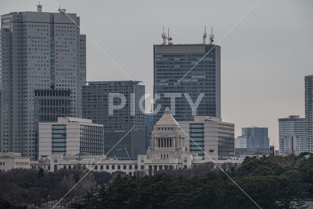 国会議事堂と東京のビル群