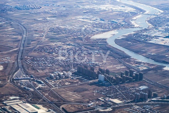飛行機から見える中国・北京の街並み