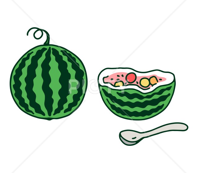 丸い西瓜と西瓜のフルーツポンチのカラーイラスト
