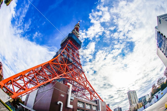 青空と東京タワー（魚眼レンズ撮影）
