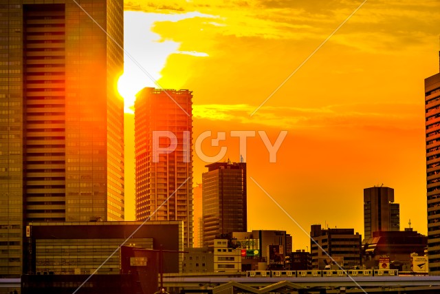 東京湾から見える東京の街並みと夕景