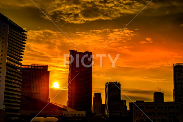 東京湾から見える東京の街並みと夕景