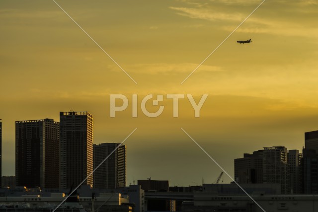 東京の町並みと夕景と飛行機