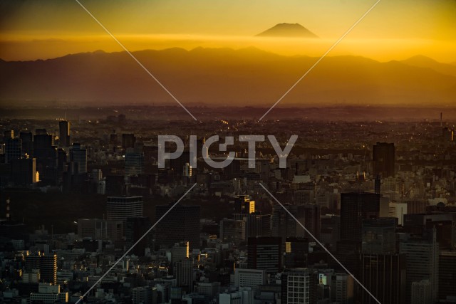 東京の高層ビル群と富士山