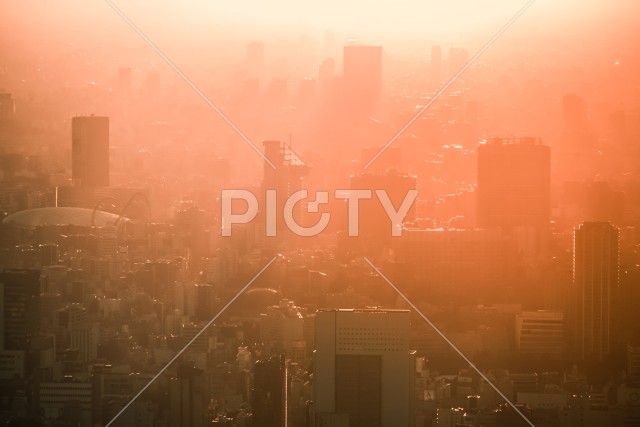 東京のビル群と夕暮れの空