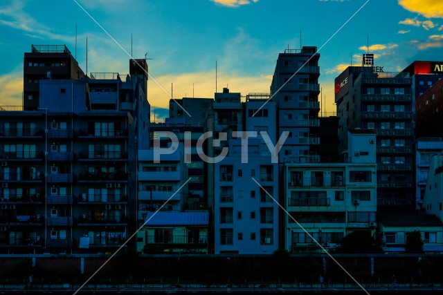 隅田川から台東区の街並みと夕暮れ