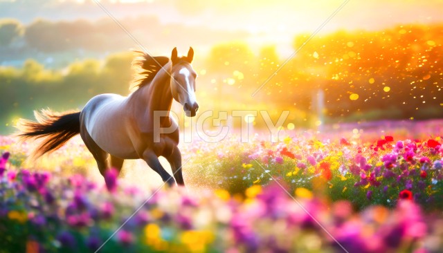 花畑を走る馬