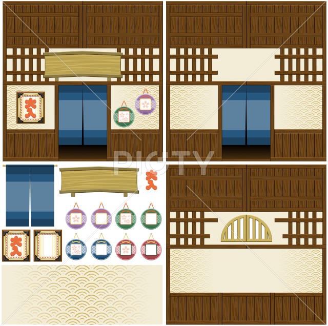 和風なお店の店内シームレス背景・フレーム素材セット