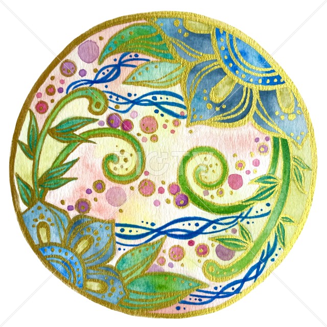植物と曲線模様の手描き水彩イラスト