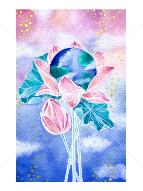 地球と蓮の花の手描き水彩イラスト