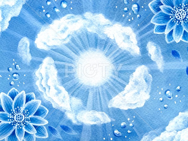 青い空と太陽と花の手描き水彩背景