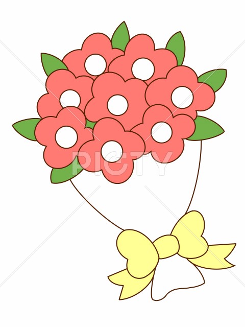 淡い赤の花と黄色いリボンのかわいいブーケ