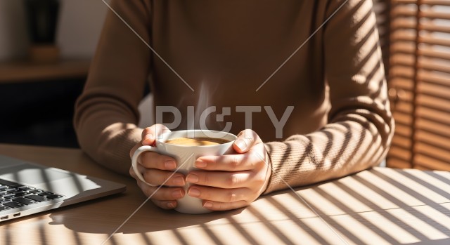パソコン作業の合間にコーヒーで一息つく女性の手元