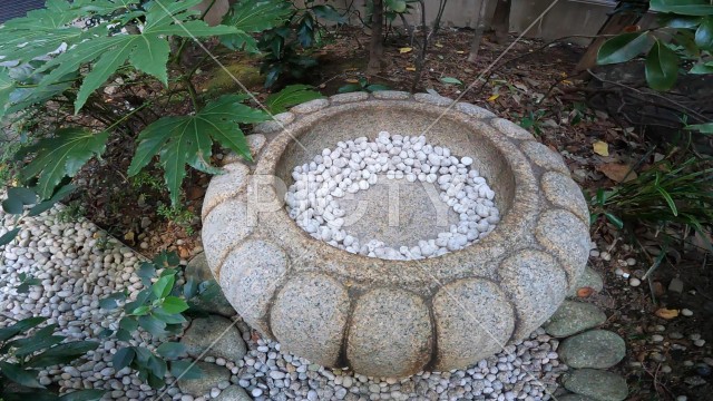 神社の手水舎。白い石。銀座の神社　もと日本庭園