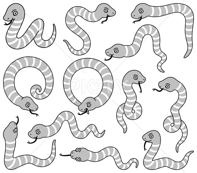 色んなポーズのしましま蛇のイラスト【モノクロ・セット】