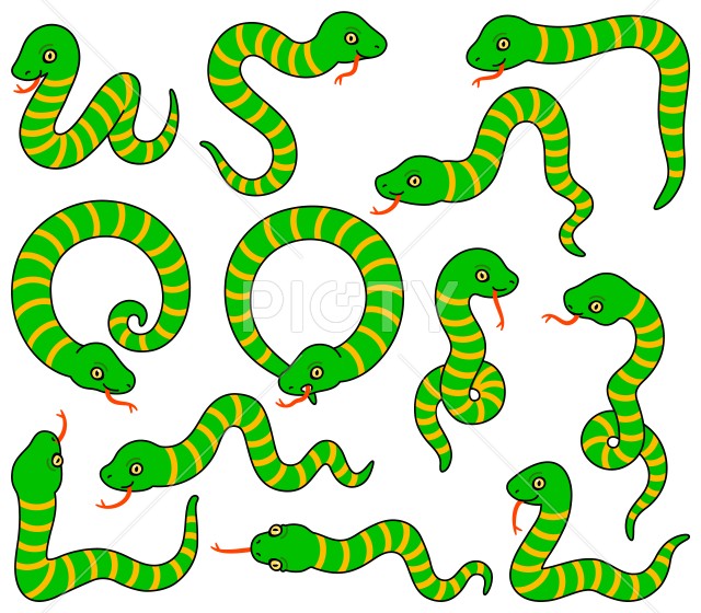色んなポーズのしましま蛇のイラスト【カラー・セット】