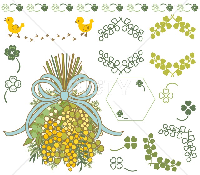 ミモザの花束と蔦の装飾イラスト【セット・素材】