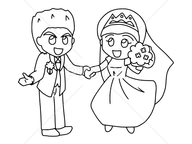 結婚式で手を繋ぐ新郎新婦　線画
