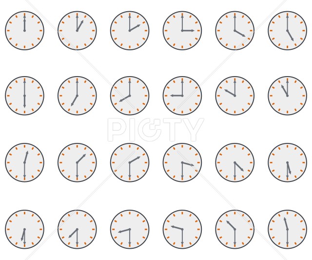 0分と30分を示す時計のアイコン素材24点セット