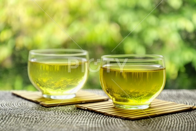 緑背景にお茶